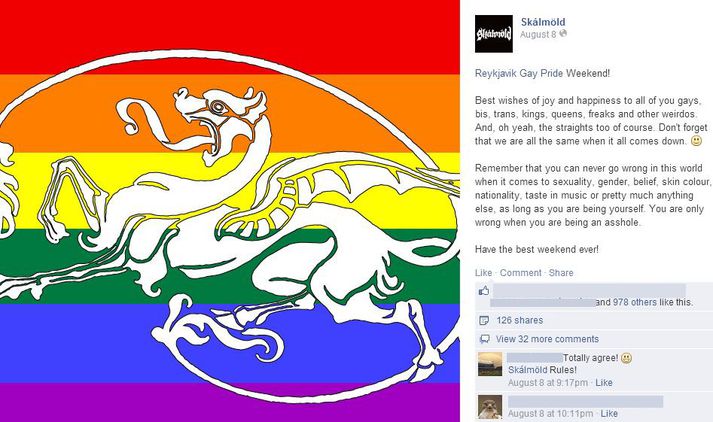 Hér má sjá merki sveitarinnar í litum Gay Pride hátíðarinnar og þar við hliðina á færsluna sem fylgdi með.