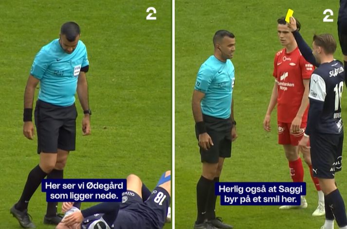 Rohit Saggi sló óvart leikmann Kristiansund sem lá eftir. Leikmaðurinn fékk svo að sýna Saggi gula spjaldið.