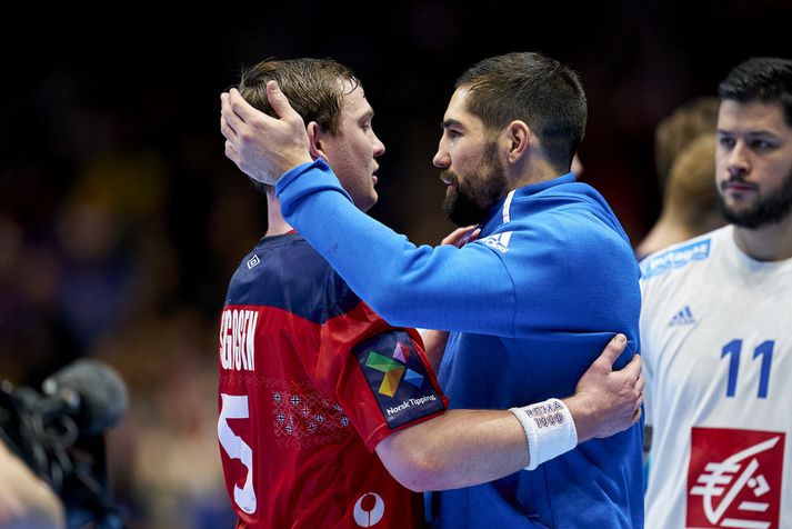 Norðmaðurinn Sander Sagosen með Frakkanum Nikola Karabatic. Tveir frábærir handboltamenn.