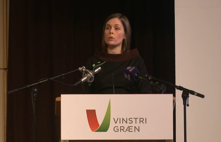 Katrín Jakobsdóttir í ræðupúlti á landsfundi VG.