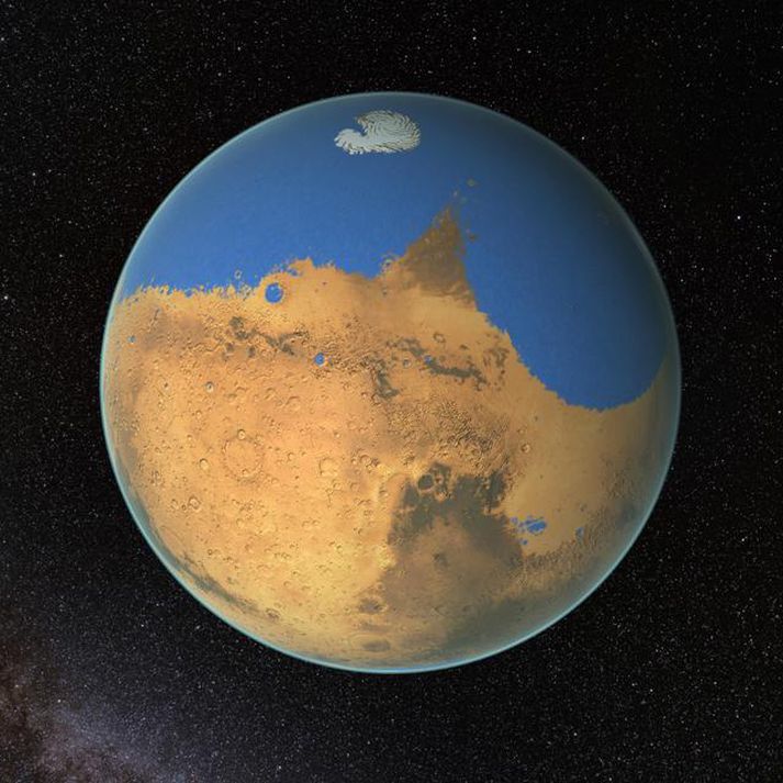 Svona gæti Mars hafa litið út fyrir milljörðum ára. Reikistjarnan tapaði hins vegar lofthjúpi sínum og síðan nær öllu vatninu.