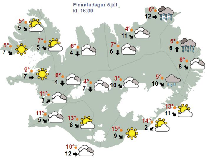 Klukkan fjögur í dag er gert ráð fyrir ellefu stiga hita, skýjuðu veðri og fimm metrum á sekúndu.