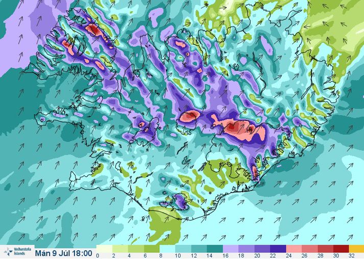 Vindaspá Veðurstofunnar klukkan 18 í dag. Veðrið nær hámarki síðdegis.