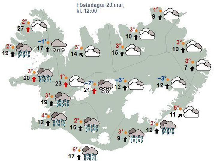 Spákort Veðurstofunnar fyrir hádegið í dag, eins og það leit út klukkan 7 í morgun.