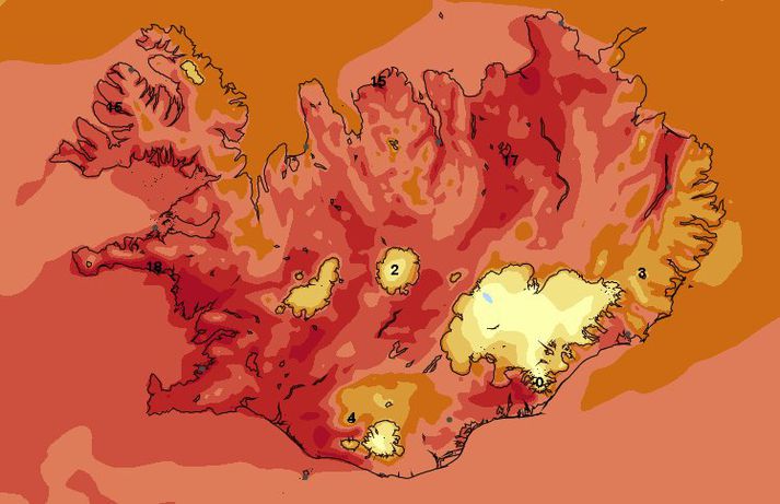 Hitaspá klukkan 12 í dag.