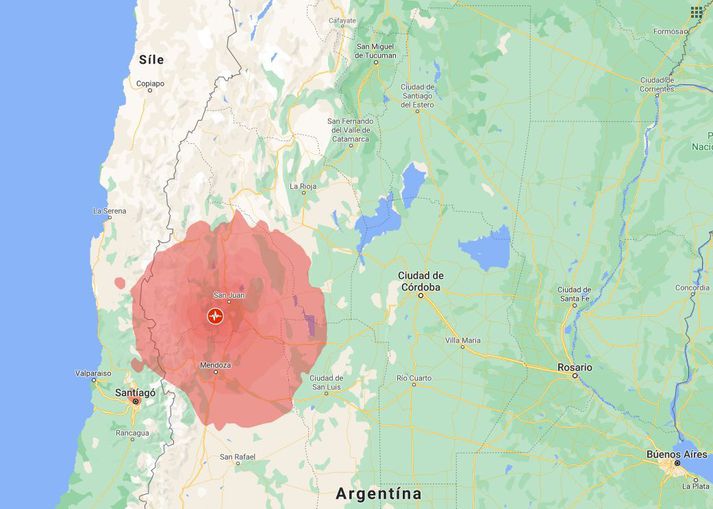 Skjálftinn varð á um tíu kílómetra dýpi 40 kílómetrum suður af héraðinu San Juan, í grennd við landamærin að Chile.