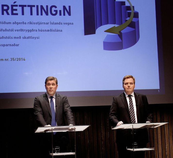 Bjarni Benediktsson, fjármála- og efnahagsráðherra, og Sigmundur Davíð Gunnlaugsson forsætisráðherra á fundinum í gær þar sem niðurstöðurnar voru kynntar.