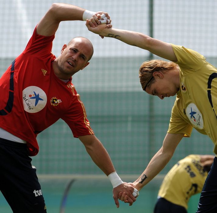Pepe Reina og Fernando Torres sjást hér saman á æfingu með spænska landsliðinu.
