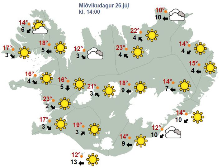 Svona er búist við því að veðrið verði klukkan 14 í dag.