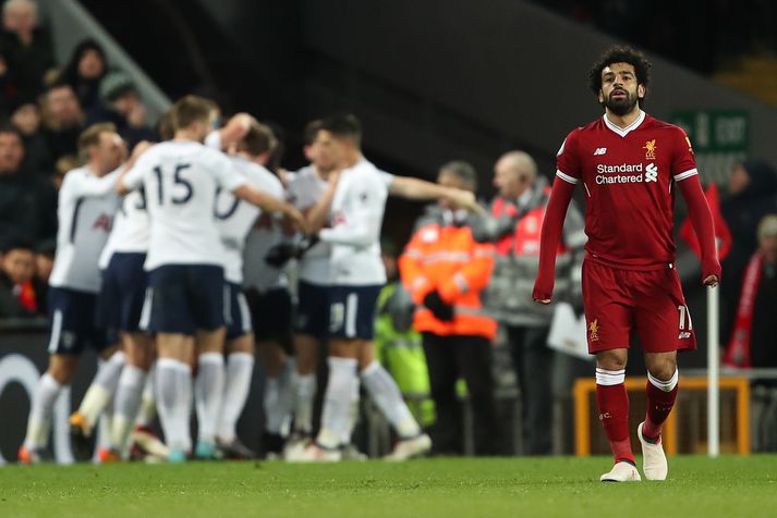 Mohamed Salah hélt að hann hefði tryggt Liverpool sigurinn en annað kom á daginn.