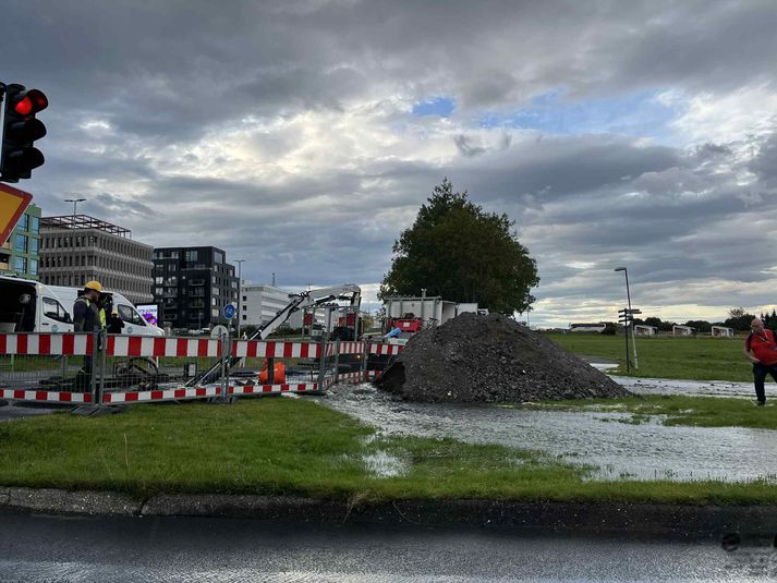 Mikið vatn hefur lekið úr lögn við Engjaveg.