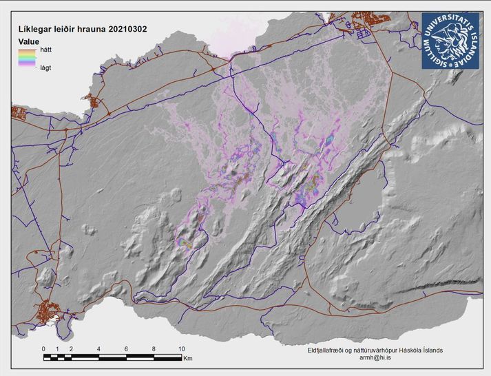 Kort sem unnið var af eldfjallafræði- pg náttúruvárhópi Háskóla Íslands sýnir líklegar leiðir hrauns ef til goss kæmi.