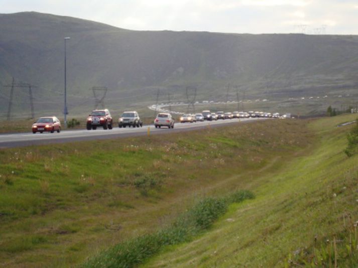 Svona leit umferðin út við Kambana rétt upp úr níu.