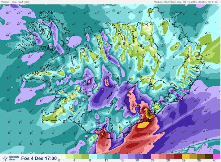 Vindhraði á landinu klukkan fimm í dag.