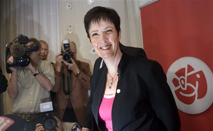 Mona Sahlin í höfuðstöðvum Jafnaðarmannaflokksins í Stokkhólmi í dag.