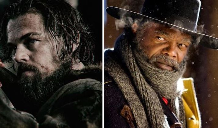 Leonardi DiCaprio leikur í The Revenant en Samuel L. Jackson í The Hateful Eight.