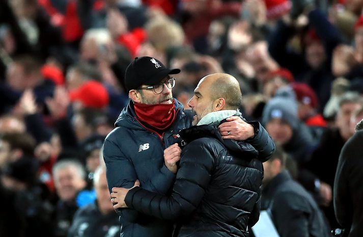 Jürgen Klopp og Pep Guardiola faðmast eftir leik Liverpool og Manchester City á dögunum