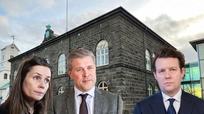 Katrín Jakobsdóttir, forsætisráðherra, Bjarni Benediktsson efnahags- og fjármálaráðherra, og Halldór Benjamín Þorbergsson, framkvæmdastjóri Samtaka atvinnulífsins.