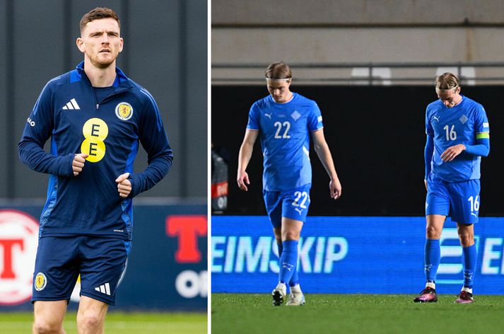 Andy Robertson á æfingu skoska landsliðins. Hann segir Íslendinga augljóslega vonsvikna eftir tapið geng Kósovó í umspili Þjóðadeildarinnar í mars.
