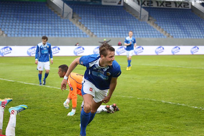 Hólmbert fagnar marki með Fram síðastliðið sumar.