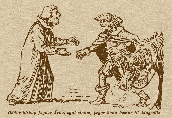 Allshugar feginn biskup fagnar syni sínum úr flengreiðinni.