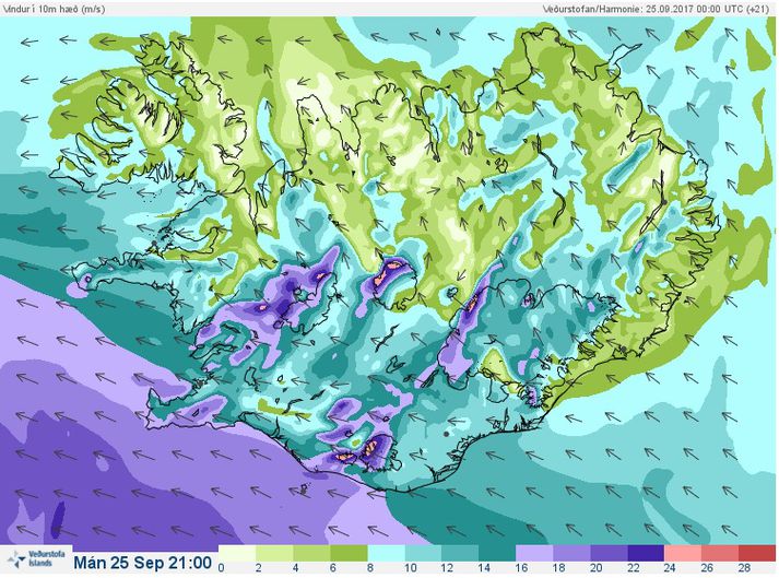 Eins og sjá má á þessu vindakorti Veðurstofunnar verður mjög hvasst víða á landinu í kvöld.