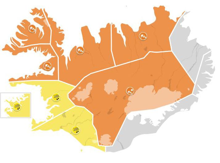 Viðvaranir sem gilda á landinu frá klukkan 23:00 í nótt til klukkan 6:00 á sunnudagsmorgun.