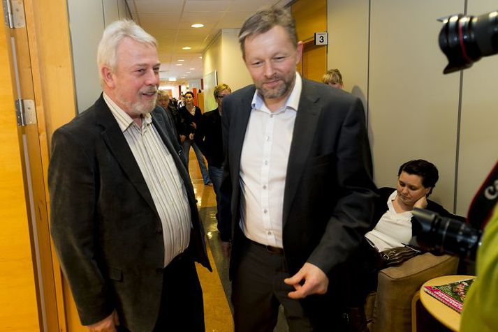 Eftir undirritun. Sigurður Bessason, formaður Eflingar og talsmaður Flóabandalagsins, og Þorsteinn Víglundsson, framkvæmdastóri SA, eftir undirritun samninga hjá Ríkissáttasemjara 29. maí síðastliðinn.