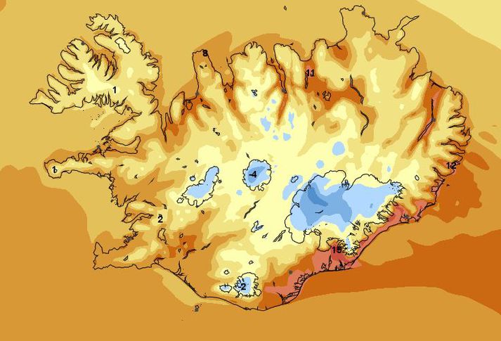 Á morgun gæti hiti náð 13 til 14 stigum á Suðausturlandi og Austfjörðum þegar hlýja loftið hefur náð að sópa því kalda burt.