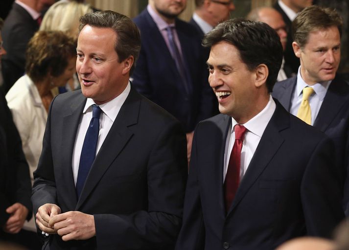 David Cameron, forsætisráðherra og formaður Íhaldsflokksins, og Ed Miliband, formaður Verkamannaflokksins.