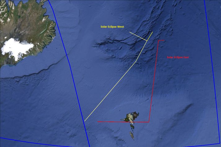 Á myndinni má sjá það svæði sem afmarkað er fyrir sólmyrkvaflugið. Leitað var til aðstandenda Stjörnufræðivefsins til þess að afmarka vel þann stað innan íslenska flugstjórnarsvæðisins sem sólmyrkvinn er mestur.