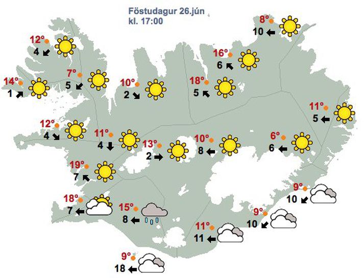Kort Veðurstofu Íslands sýnir 19 stiga hita á Hvanneyri um klukkan fimm í dag.