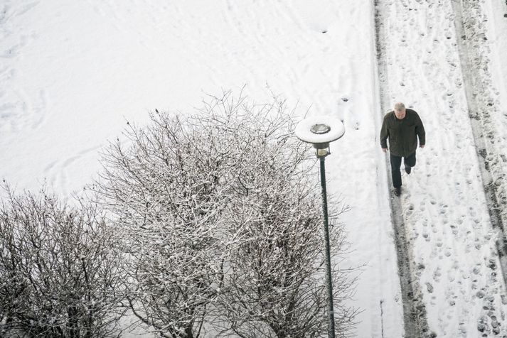 Sigurður Ingi Jóhannsson, formaður Framsóknarflokksins, mætti til fundar við þingflokk sinn í snjónum í morgun.