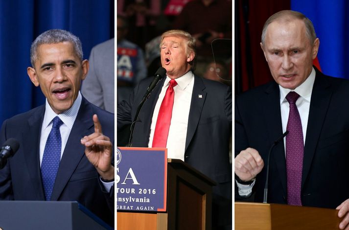 Barack Obama, Donald Trump, og Vladimir Putin.