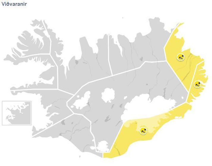 Gular viðvaranir eru í gildi á Suðuraustur- og Austurlandi í dag.