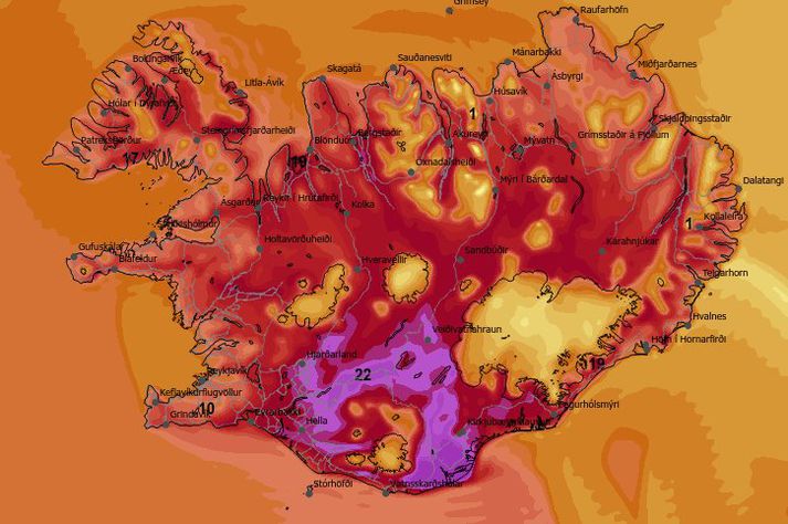 Hitakort Veðurstofu Íslands fyrir daginn í dag. Fjólublái liturinn gefur til kynna 20 stig og yfir.