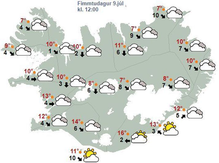 Veðurhorfur á hádegi í dag.