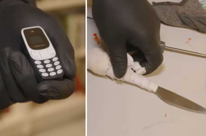 Símar og eggvopn eru meðal gripa sem fangarverðir hafa tekið af föngum, og sýndir eru í heimildarþættinum.