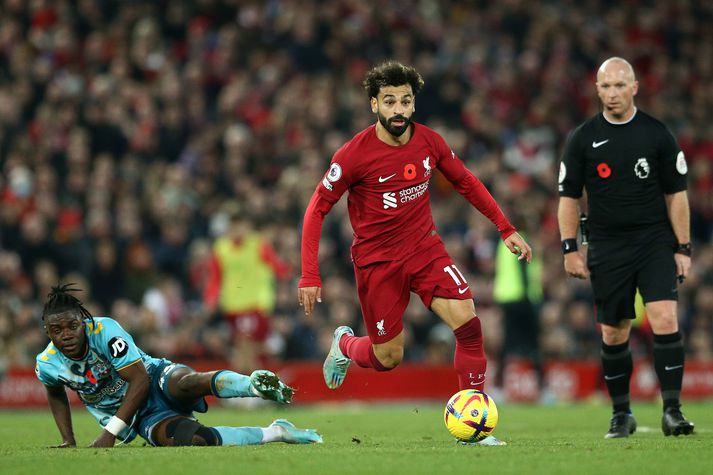 Liverpool FC v Southampton FC - Premier League LIVERPOOL, ENGLAND - NOVEMBER 12: Mohamed Salah of Liverpool in action during the Premier League match between Liverpool FC and Southampton FC at Anfield on November 12, 2022 in Liverpool, England. (Photo by Jan Kruger/Getty Images)