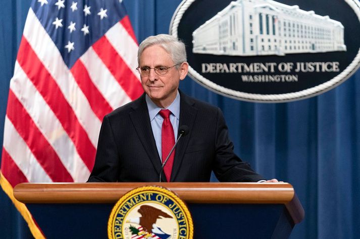 Merrick Garland, dómsmálaráðherra Bandaríkjanna, á blaðamannafundi í dag.