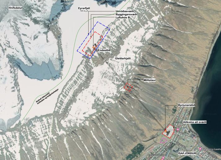 Afstöðumynd frá Odin Skylift sem sýnir hvernig lyftan mun liggja upp Eyrarhlíð fyrir ofan bæinn.