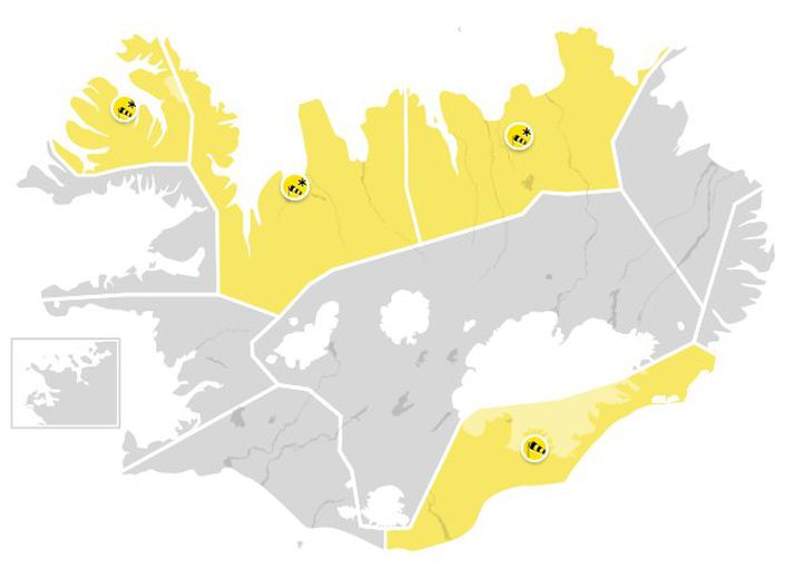 Gul viðvörun er í gildi fyrir nokkra landshluta.