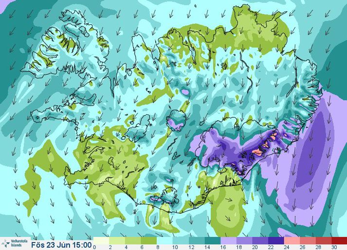 Vindaspá morgundagsins en hviður gætu náð allt að 35 metrum á sekúndu.