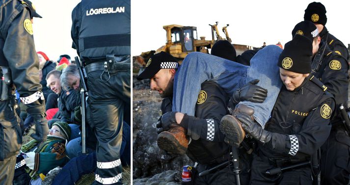 Hér til vinstri má sjá hjónin umkringd lögreglu. Til hægri má sjá lögregluþjóna bera Lárus - áður en þeir gáfust upp.