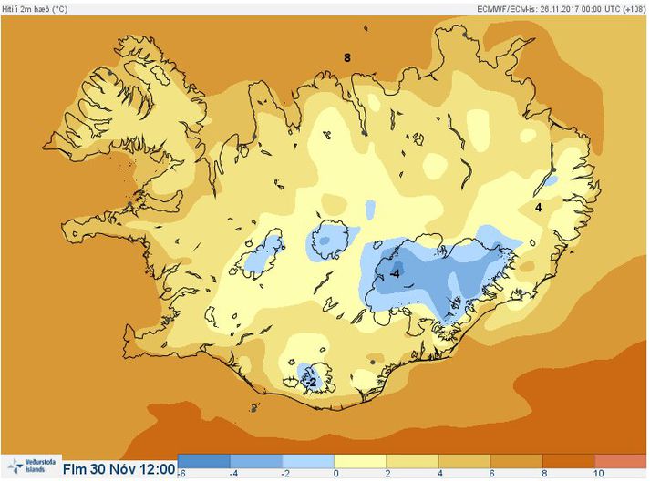 Á fimmtudag er hita spáð nokkuð yfir frostmarki víðast hvar á landinu.