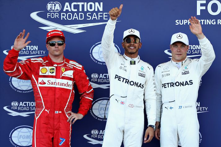 Kimi Raikkonen, Lewis Hamilton og Valtteri Bottas voru þrír hröðustu menn dagsins.