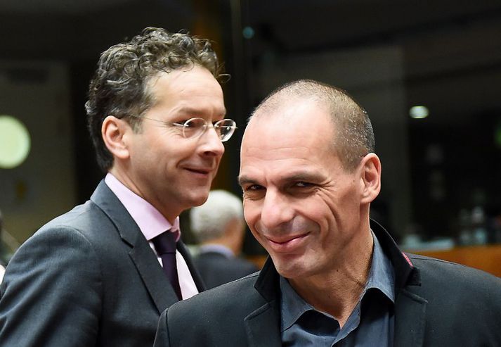 Yanis Varoufakis, fjármálaráðherra Grikklands, ásamt Jeroen Dijsselbloem, fjármálaráðherra Hollands, sem fer fyrir Evruhópnum.