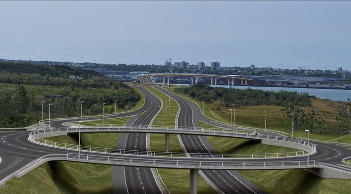 Tenging Sundabrautar við Grafarvogshverfi yrði á svæði gömlu öskuhauganna í Gufunesi. Þar lægi Sundabrautin undir hringtorgi. Fjær er brúin yfir Kleppsvík, Sundabrúin, sýnd sem hábrú.
