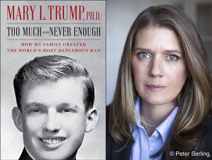 Mary Trump, bróðurdóttir Bandaríkjaforseta (t.h.). Bók hennar um Trump fjölskylduna (t.v.) á að koma út í næstu viku.