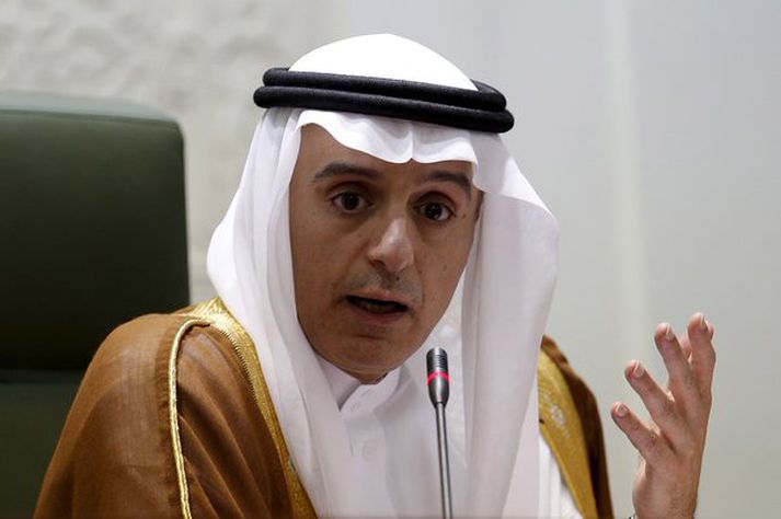 Utanríkisráðherra Sádí-Arabíu, Adel al-Jubeir, á blaðamannafundinum í kvöld.